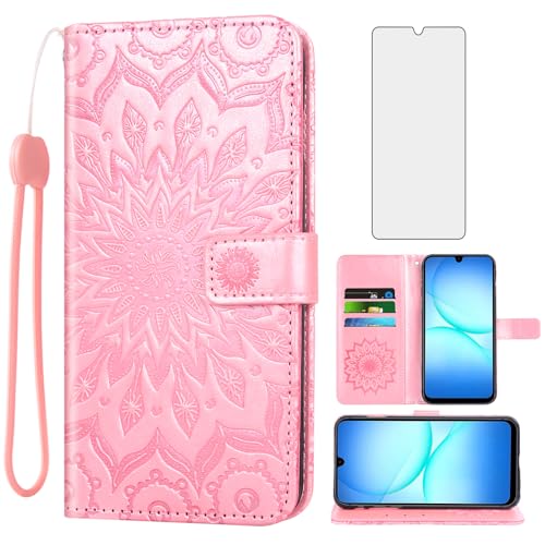 Protection Samsung Galaxy A17 5G étui portefeuille cuir or avec film écran verre trempé A176B