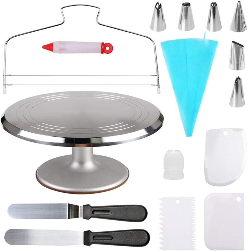 Cake Decoration Supplies - Aluminum Alloy Revolving Cake Turnable Set, 12.7 inch Angled Icing Spatula, Cake Leveler Comb Icing Smoother
