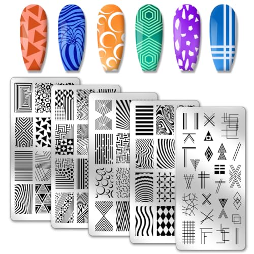 PH PandaHall 5 peças de placa de estampagem de unhas, textura geométrica abstrata, padrão de linha,