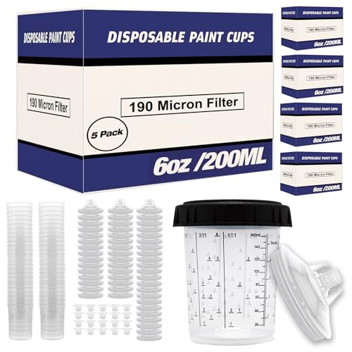 Disposable Paint Spray Gun Cups Liners and Lid System 50 Cup Liners, 50 Lids, 190MIC, 1 Hard Cup with Retainer Ring and 20 Plugs - Compatible w/Original 1.0 System (not 2.0) (5 Boxes of 200ml / 6oz)