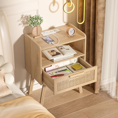 Image of Lerliuo Rattan Nightstand with Charging Station, Boho Night Stand | Handmade Natural Rattan Drawer, Cane Accent Side End Tables with Solid Wood Legs for Bedroom, Dorm, Small Spaces