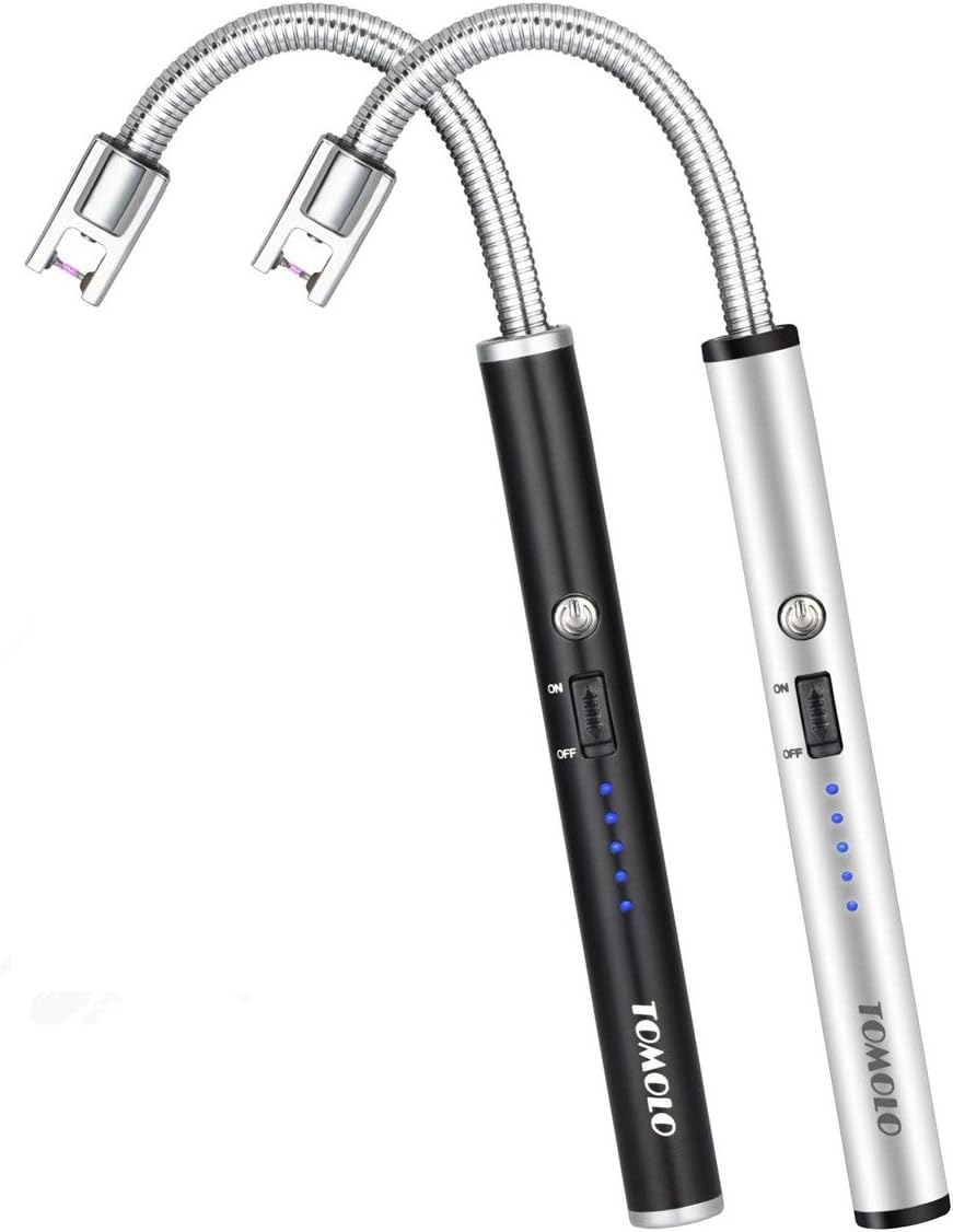 TOMOLO Electric Lighter 2 Pack, Long Flexible Neck Candle Lighter with Safety Switch, Windproof Plasma Flameless USB Rechargeable Lighters for Candles, Grill, Camping & Gas Stove (Black&Silver)