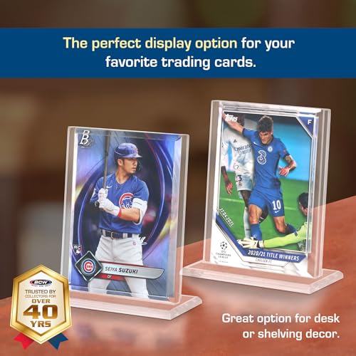 BCW Vertical Acrylic Card Stand (2 Count) | Clear Acrylic Business Card Holder for Trading Cards & Business Cards | Stable Base, Beveled Edges, Crystal Clear Display for Desk or Display Case