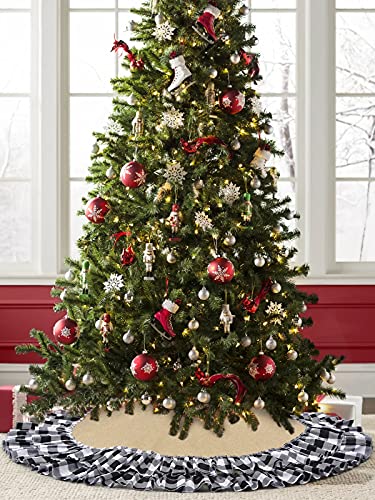 Yuboo Burlap Halloween Tree Skirt With 2-Layer Buffalo Ruffle Border,Jute Christmas Tree Mat For Fall Christmas Black White Decorations #TOP4