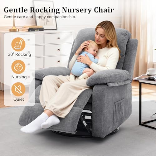 Image of Korser Recliner Chair, 360 Swivel Rocker Chair for Adults, Small Rocking Recliner Chair for Small Spaces, Upholstered Chenille Fabric Glider Recliner Nursery Chair with Side Pockets for Living Room