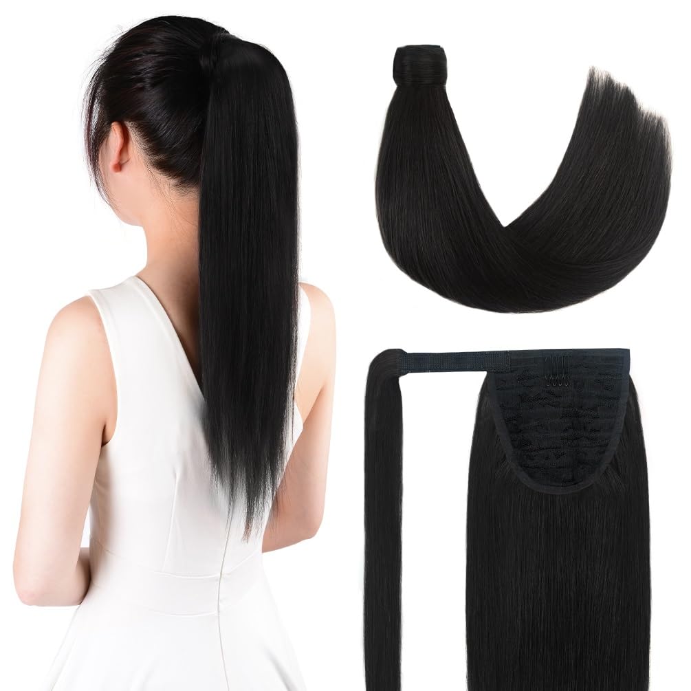 14 Inch Human Hair Ponytail 80g Long Wrap Around Ponytail Natural Black Real Hair Ponytail Extension for Women(14inch,Natural Black)