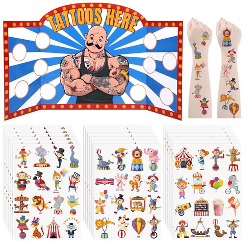 Carnival Cardboard Tattoo Booth with 288 Pcs Circus Tattoos Temporary Carnival Party Decorations Circus Games for Kids Boys Girls Adult Party Supplies Favors