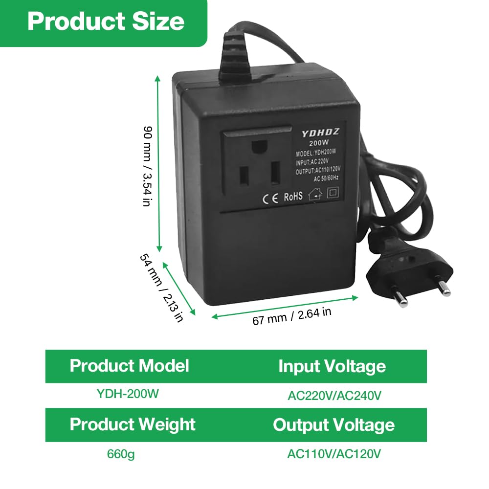 Spannungswandler Transformator 220V auf 110V, 200W Netzadapter Schritt Runter Stromkonverter, Reisestromadapter Spannungswandler mit EU Stecker für Luftreinigern verwendet,Computern Minikameras