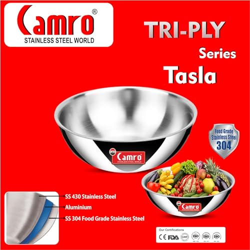 Image of Camro Tripro Triply Artisian Tasla | kadhai Without lid 12 NO 1.8 Liters Cook | Serve, for Deep-Fry | Saute | Stir-Fry | Mixing Desserts Gravy, Induction Friendly & Gas Ready, 6-Year Warranty