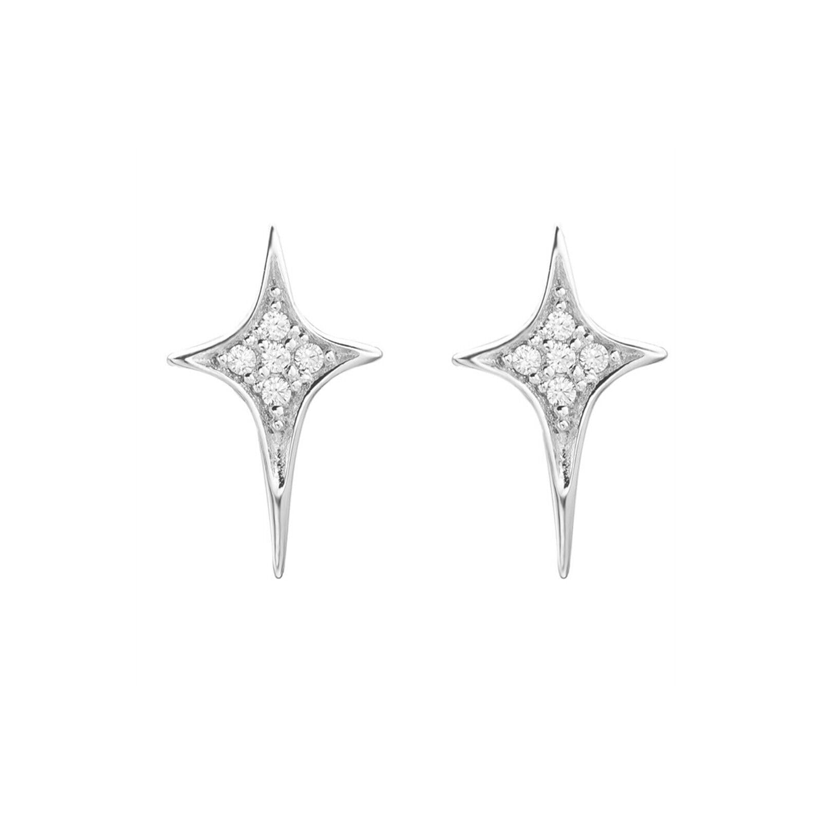 Rodio Su Argento Sterling Lucido 4 Punto Stella Croce Zircone Cubico Piercing Orecchini