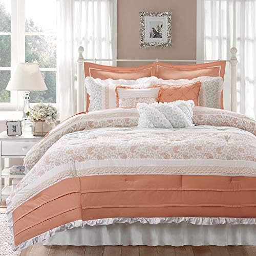 Madison Park 100% Cotton Comforter Set-Modern Cottage Design All Season Down Alternative Bedding, Matching Shams, Bedskirt, Decorative Pillows, King(104″x92″), Dawn Shabby Chic, Coral, 9 Piece