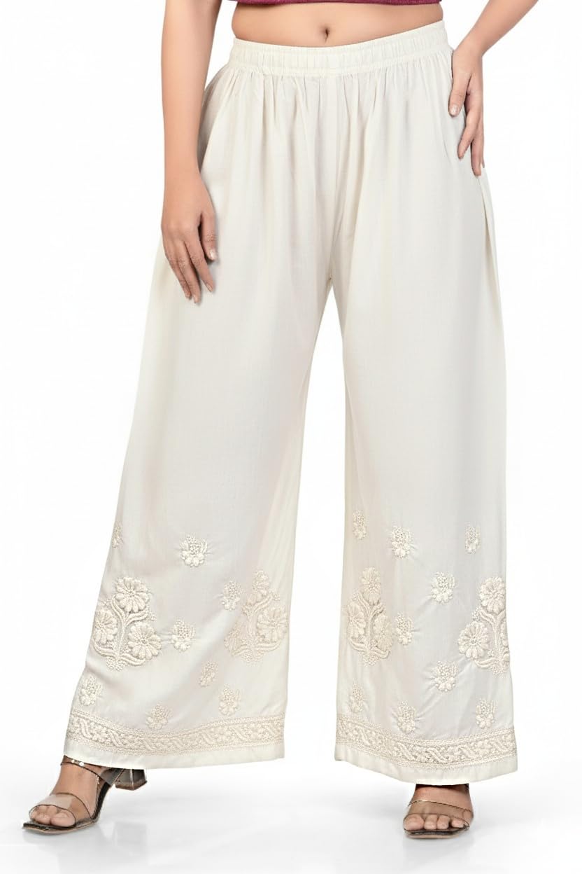 Women's Palazzo Pants with Floral Embroidery, Elastic Waist, White,Black and Off White, Cotton, Lucknowi Style-image-49