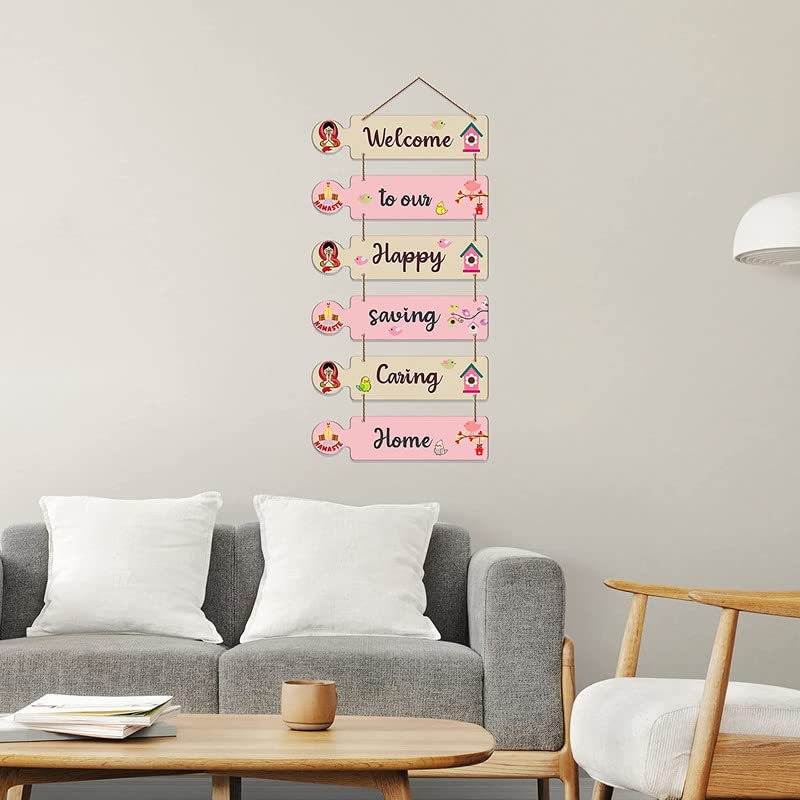 Image of Welcome to Our Happy Caring Home Wall Hanging Decor | Wooden Inspirational Quote Hanging for Living Room, Bedroom, Entrance | Home Decoration Item