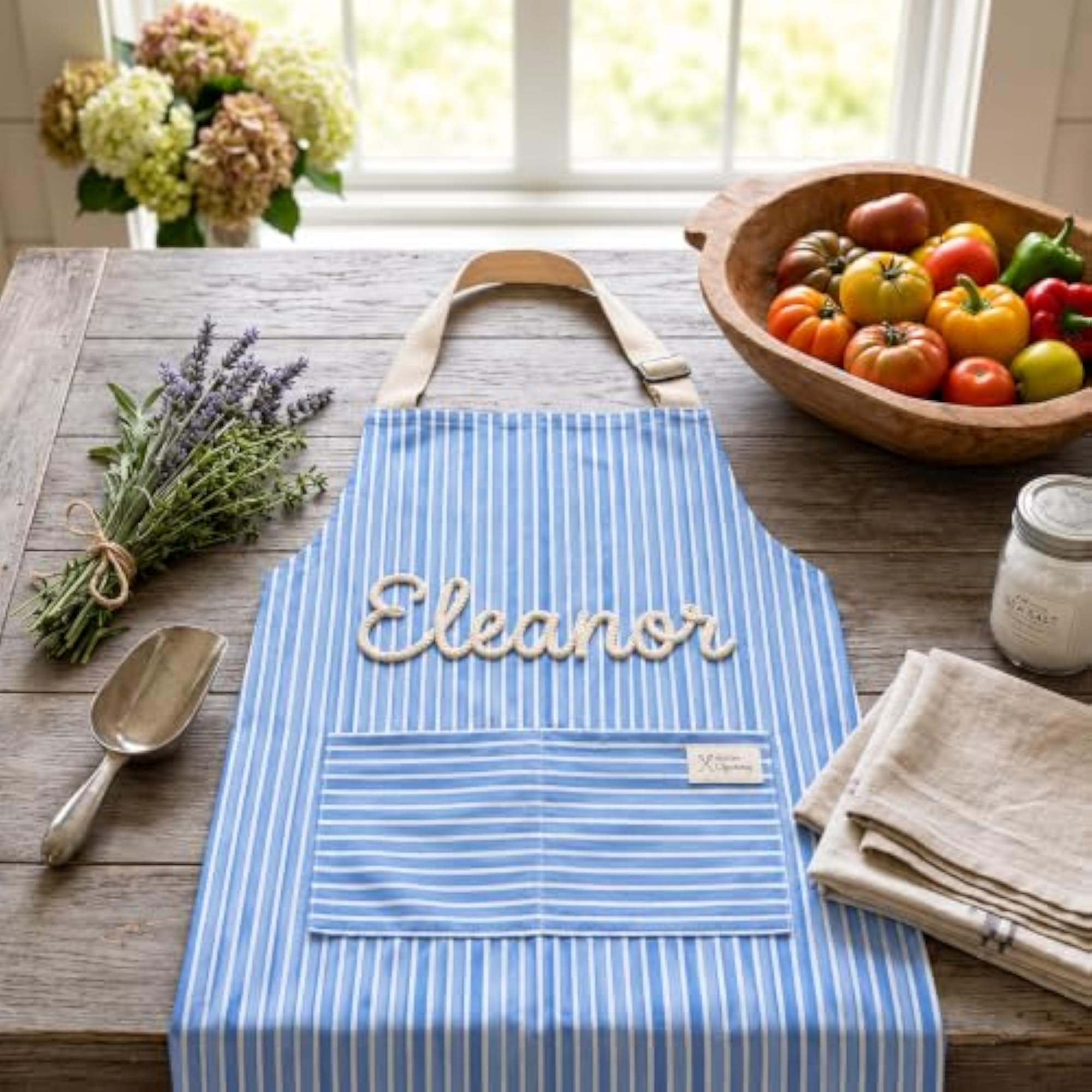 Personalized Striped Apron with Custom Embroidered Name, Adjustable