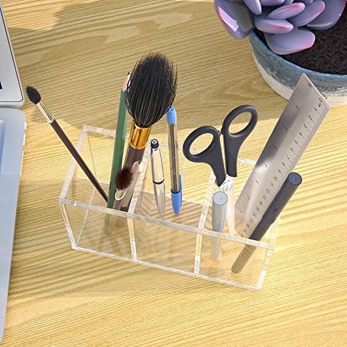 Image of NIUBEE Acrylic Pen Holder 3 Compartments, Clear Pencil Organizer Cup for Countertop Desk Accessory Storage