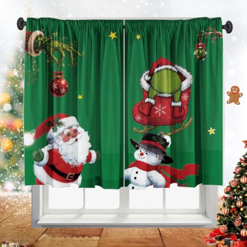 Cuteiush Christmas Curtains Kitchen/Caf How Stole Christmas New Year Holiday valances and Panels 2pc Set 26 W x 45 L Green