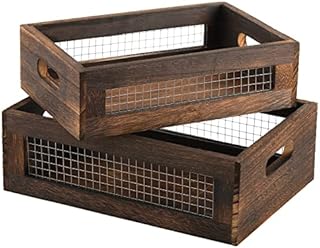 Dicunoy Set of 2 Rustic Nesting Boxes, Wooden Organizer Crates Basket, Small Decorative Wood Wire Containers with Handle for Countertop, Fruit, Veggies, Kitchen, Bathroom, Pantry Storage, Gift Basket