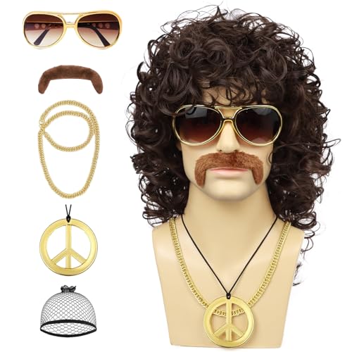 Guree Hair Mens Curly Wig + Glasses + Gold Chain + Peace Sign Necklace +Mustache + Wig Cap Long Curly Brown Wigs for 70s Disco Party Cosplay Costume Halloween Use6pcs Set