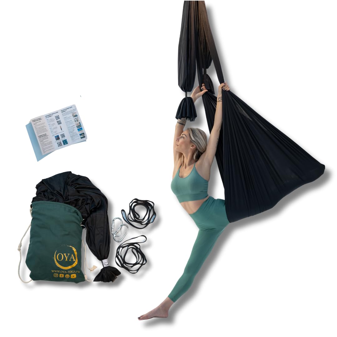 Kit de Yoga Aérien Oya Yoga tissu 7 mètres spécial plafond haut, avec Hamac Couleur au choix, Mousquetons, Sangles, Guide et Instructions pour Pratique du Yoga Suspendu