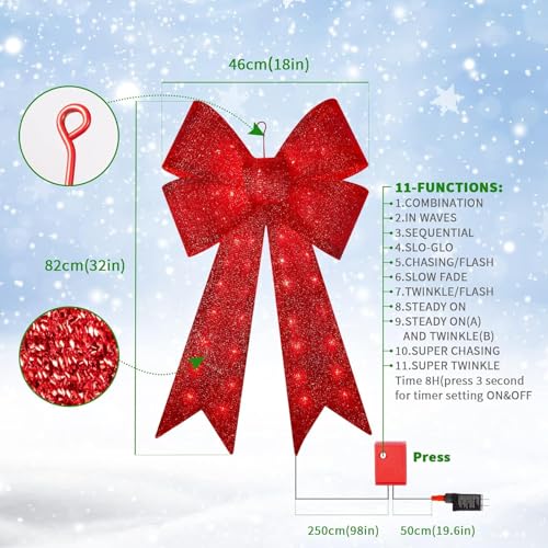 GLOWNOVA Christmas 32'' 72LED Tree Topper Decorative Red Bow for Indoor/Outdoor Decorations, Wreath Decoration by GLOWNOVA - Image 6