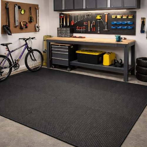 Image of EASY HOME Gym Mats for Floor for Home and Living Room, Interlocking Rubber Floor Gym Mat for Workout at Home, EVA Foam Workout Mat- 60x60cm - 12mm Thick, Black (Pack of 8-32 Square Foot)