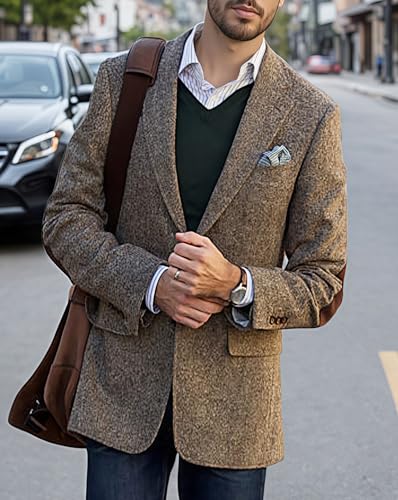 VENNYNG Men's Elbow Patch Mens Blazer Slim Fit Sport Coat Two Button Suit Jackets Tweed3
