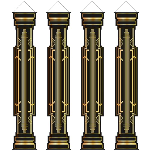 RoundFunny 4 Pcs Roaring 20s Party Decorations Black and Gold Column Door Porch Banner 1920s Hanging Banner Speakeasy Awards Wedding Decorations Supplies