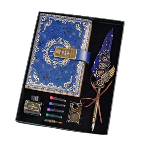 LIVIAパスワードロック付きノート 羽毛ペン付き PUレザー ギフトセット クラシックで洗練されたデザイン 日記帳・メモ帳 ビジネスノート ファッションシステムノート 学生向けギフト 入学祝い新学期準備 (ネイビー)