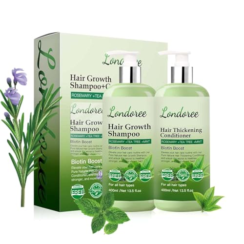Juego de champú y acondicionador con romero, biotina y árbol de té para el crecimiento del cabello, sin sulfatos, fórmula antipérdida y engrosamiento del cabello, tratamiento natural para el