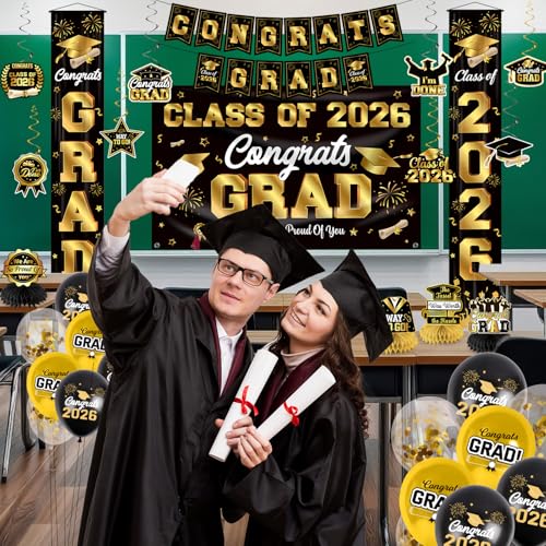 Graduation Decorations 2026 Black & Gold Party Set with Coupon