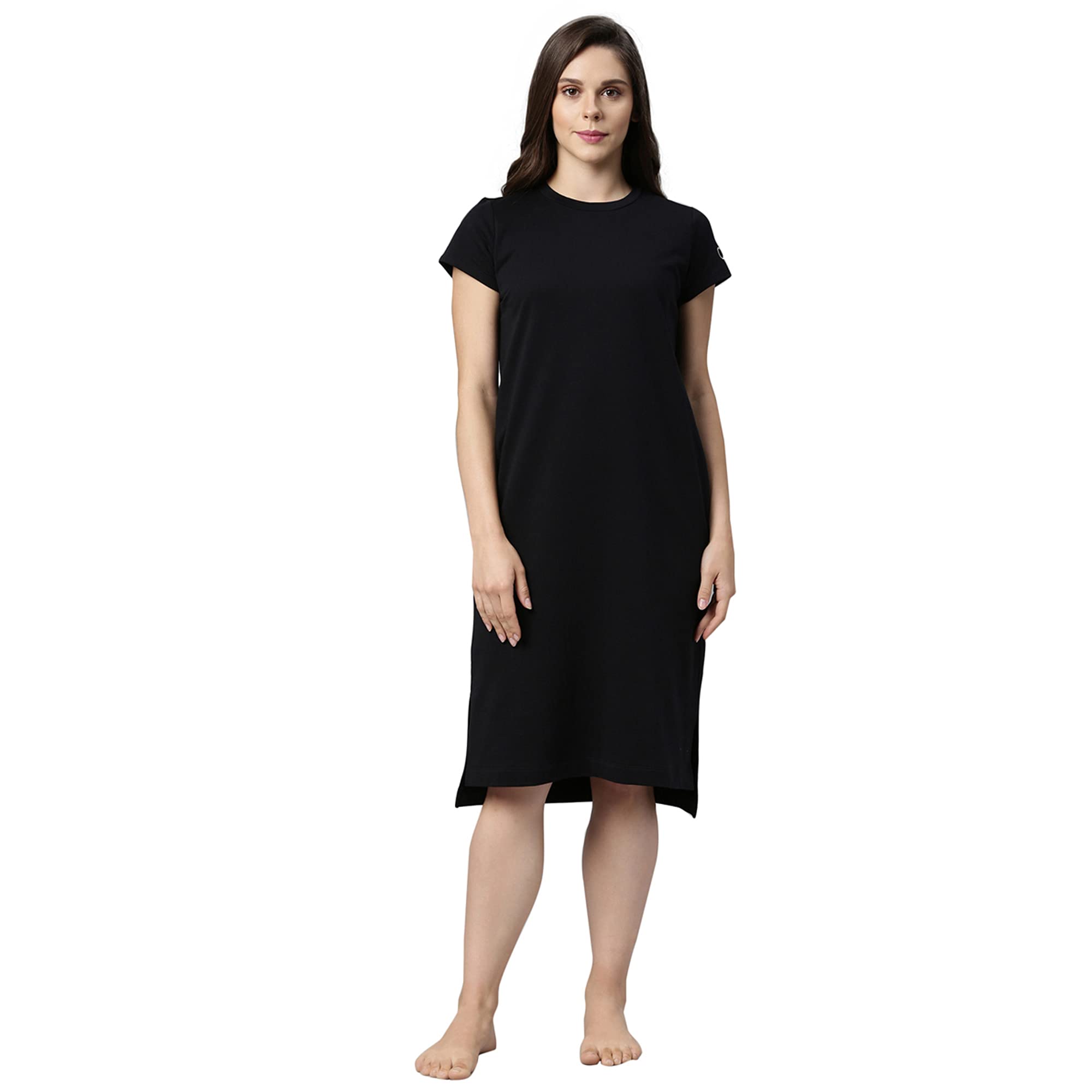 Women Classic Short Sleeve Crew Neck Below Knee Length Comfy Dress-Relaxed Fit,Soft Cotton French Terry-E801