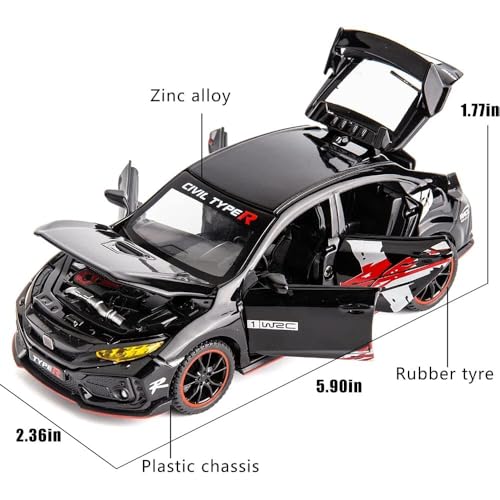 Image of 1:32 Scale Civic Type R Toy Car | Metal Pullback Diecast Car for Kids with Openable Doors, Sound, Light Effects Toy for Car Enthusiasts (Color As Per Available), red