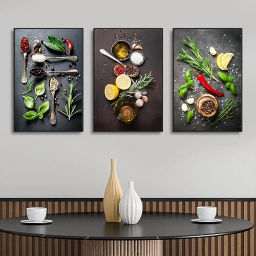 Wandkunst mit Küchenthema, Kräuter- und Gewürzmischung, Leinwand-Poster, Druck, impressionistische Kunst, Gemälde für Esszimmerdekoration, 50 x 70 cm, 3 Stück, rahmenlos