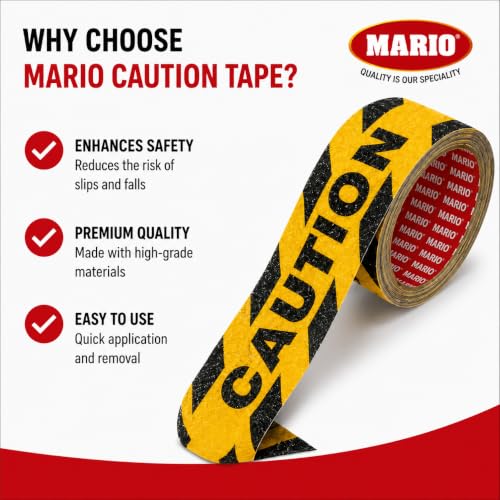 Image of Mario Caution Anti Skid Anti Slip Tape 50mm (2 Inch) x 5m | High Traction Waterproof Safety Grip Tape for Stairs, Ramps, Warehouse, Factory, Parking & Loading Areas | Indoor Outdoor Slip Resistant