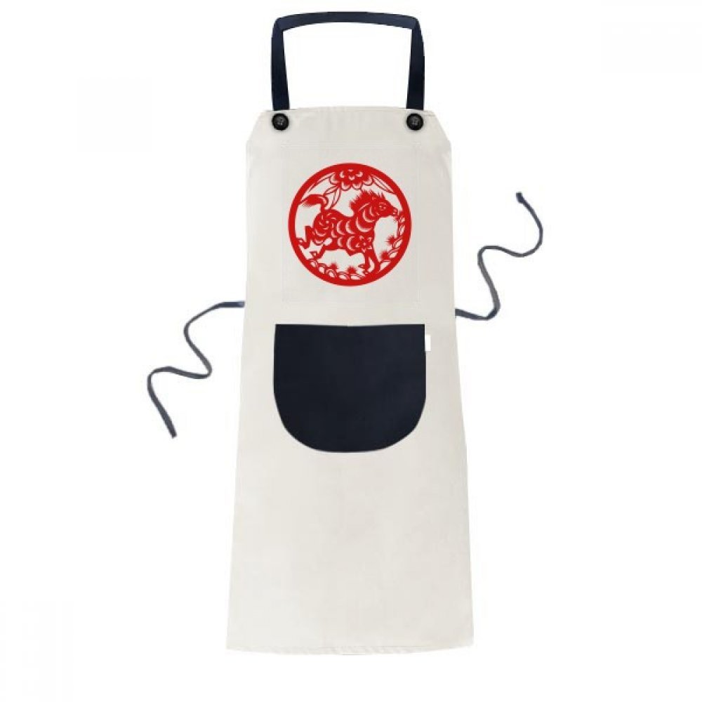 Tablier beige cheval zodiaque art chinois de cuisine avec poche finitions chef