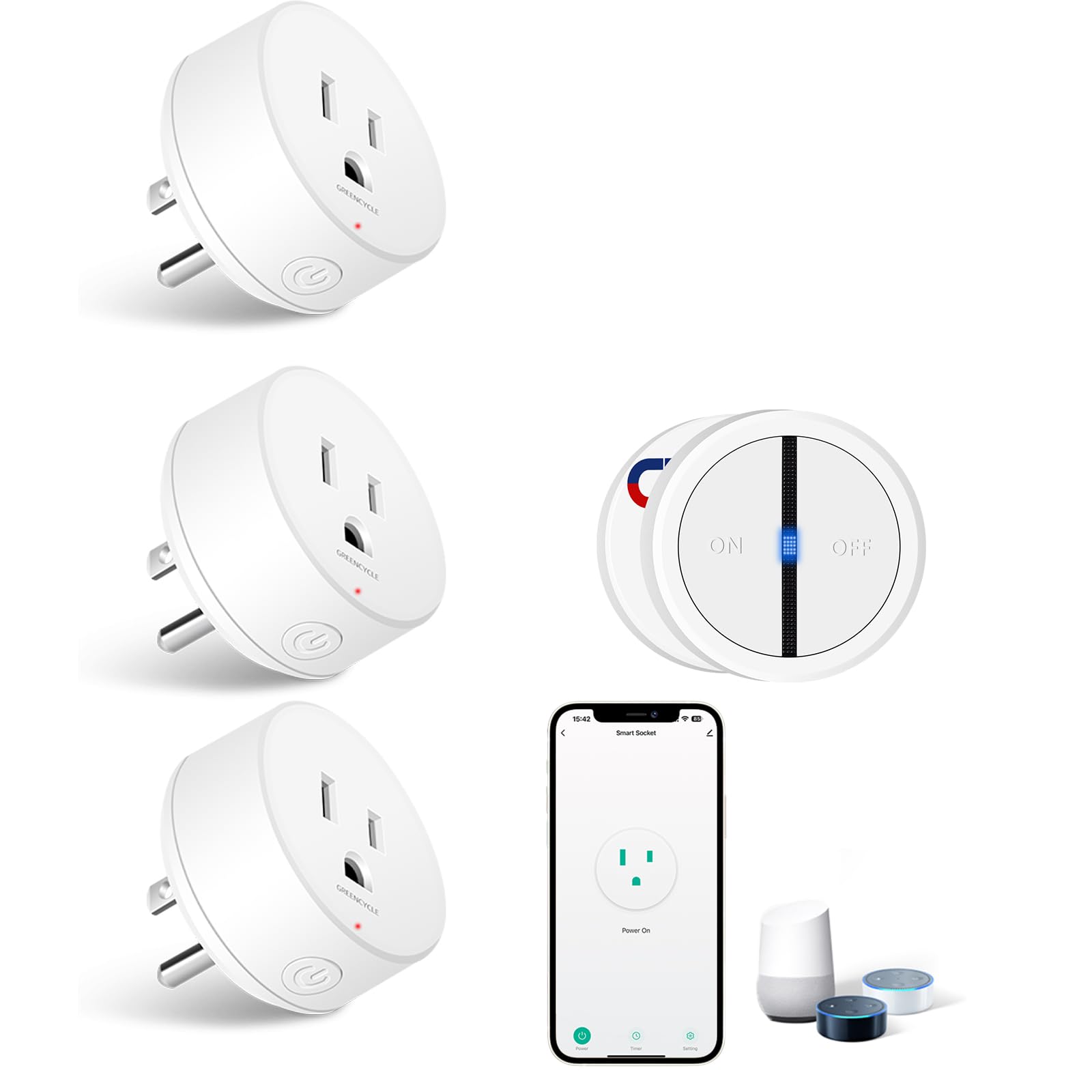 WiFi Smart Outlet 3Plugs with 1 Remote GreenCycle 1PK Portable Remote Control Outlet Plug with Magnetic Base Remote