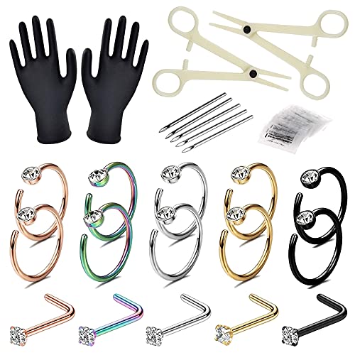 Nose Piercing Kit - Combofix 39Pcs Nose Piercing Kit Nose Studs Stainless Steel 18G 20G Piercing Needles Piercing Clamps for Nose Studs Nose Piercing Kit Body Piercing Jewelry Set (Mixed Color-39pcs)
