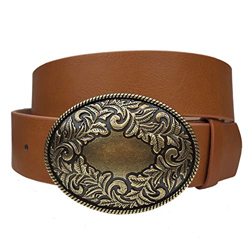 Western Oval Floral Engrave Buckle with Vegan Belt