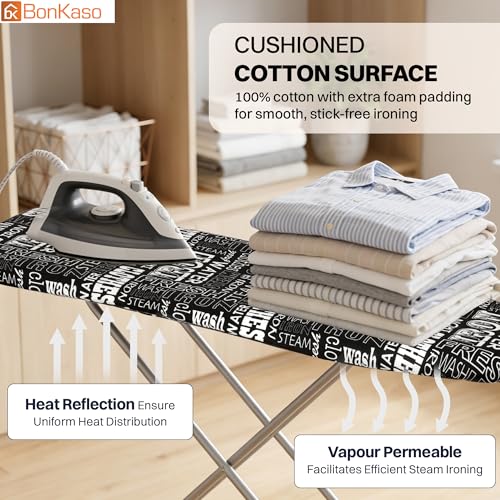 Image of BonKaso Premium Foldable Ironing Board with Adjustable Height & Heat Resistant Iron Rest | Ergonomic Ironing Table with Anti-Skid Legs, Fabric Cover & Foam Padding for Home - Black