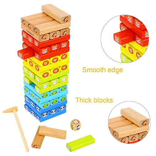Tookyland Wooden Blocks Stacking Game-Colorful Classic Tumbling Tower Balancing Game With Animal Patterns For Kids Age 3+, 24 Animal Cards, 2 Dices And 2 Gavels Included (82Pcs) #TOP4