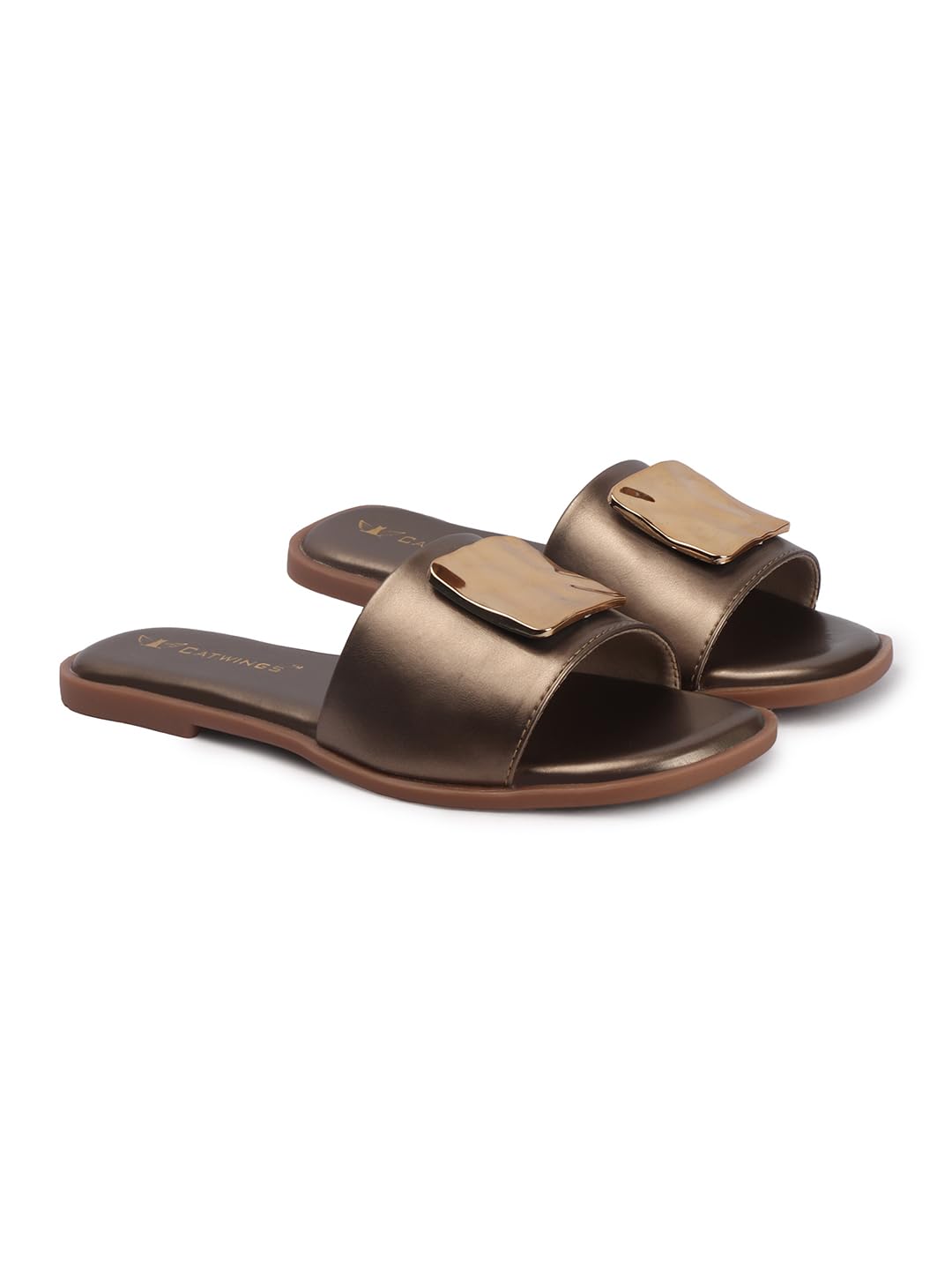 Women's Cream Square Buckle Flat Slide Sandals-image-26
