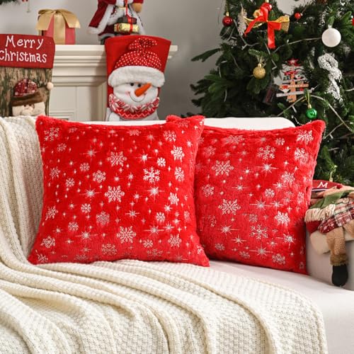FUTEI Set of 2 Christmas Snowflakes Throw Pillow Covers 18x18 inch,Red