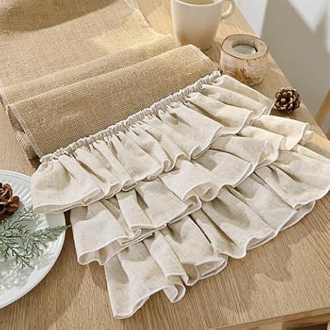 MelonBoat Linen Farmhouse Table Runner: 72 Inch Bohemian Burlap Table Runner Collection, 3-Layer Ruffled Boho Tablecloth, Rustic Christmas Table Decoration for Xmas Home Decor Banquet Wedding Décor Cover