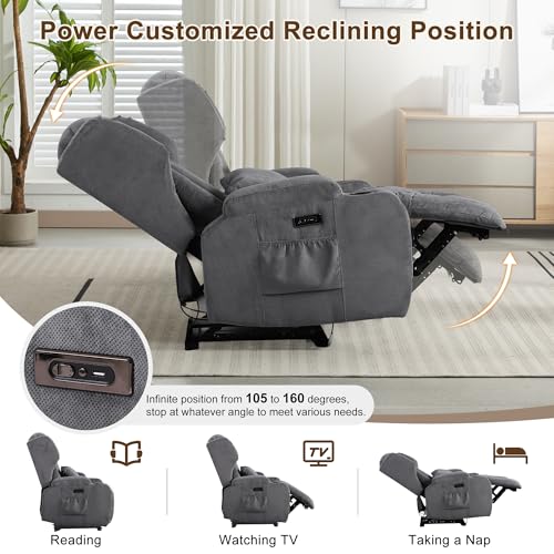 Image of DRMBOOK Power Recliner Chair, Electric Wall Hugger Reclining Sofa with Massage & Heat, Overstuffed Theater Seating with LED /USB /Cup Holders for Living Room (Linen Grey, 2 Chairs with Console)