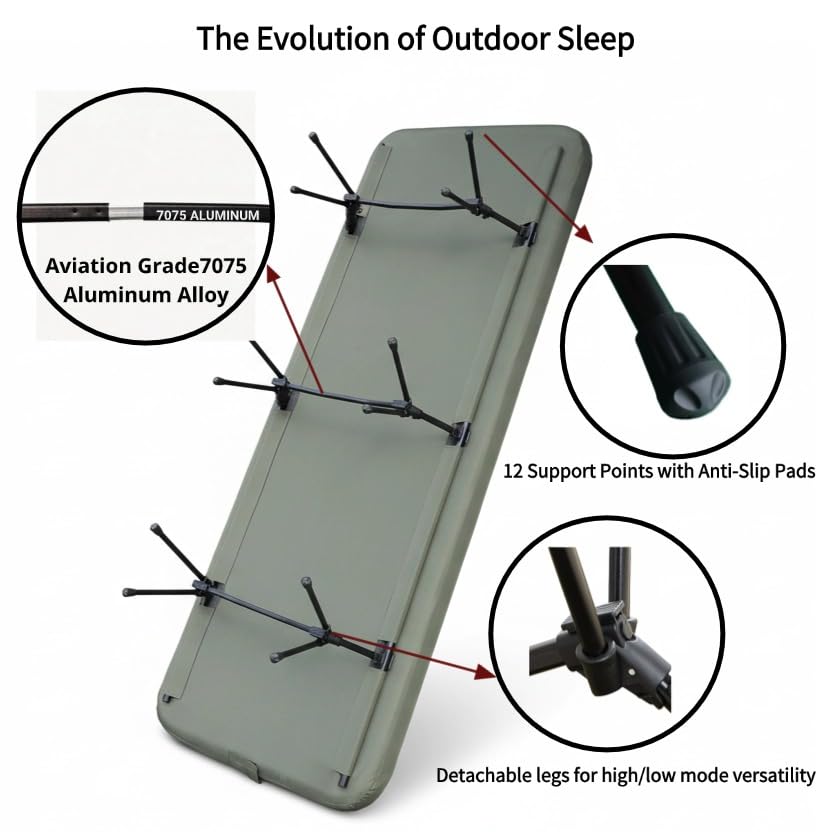 Image of Freein 2-in-1 Modular Camping Cot with Inflatable Sleeping Pad, 7 PSI High-Pressure Drop-Stitch Mattress, Standard Twin Size, Dual-Height Adjustable Folding Bed for Tent, SUV & Guests