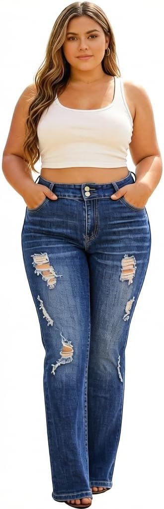 Cuyulitcik Womens Plus Size Jeans Stretchy Plus Size Jeans High Waisted Flare Bootcut Denim Pants Black