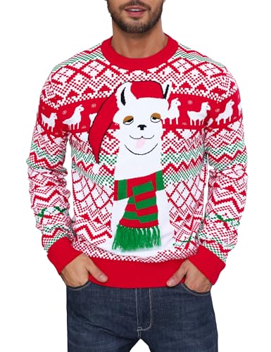Ugly Christmas Sweater for Men Funny Santa Llama Snowflakes Xmas Holiday Long Sleeve Knitted Pullover Sweaters