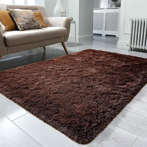 Image of F & B RUGS ; SUPERIOR QUALITY PRODUCTS Firoz and Brothers Handwoven Super Soft Indoor Modern Shag Microfibre Silky Fluffy Smooth 4x4 feet Brown