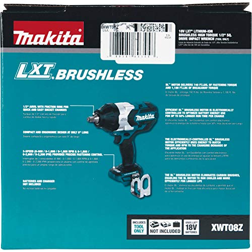 Makita XWT08Z LXT Lithium-Ion Brushless Cordless High Torque Square Drive Impact Wrench, 18V/1/2