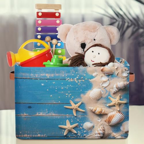 Image of Blue Wooden Board Storage Baskets for Organizing, Fabric Collapsible Storage Bins Box Seashells Decorative Toy Organizer Baskets for Closet Shelves Gift Basket 2Pcs